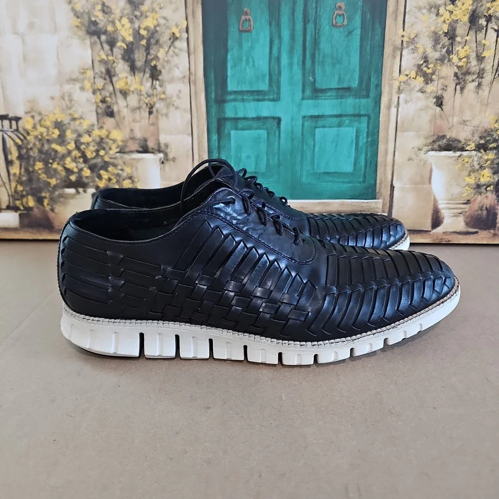 COLE HAAN ZEROGRAND Remastered Oxfords Mens 12 M Black Leather Woven Dress Shoes